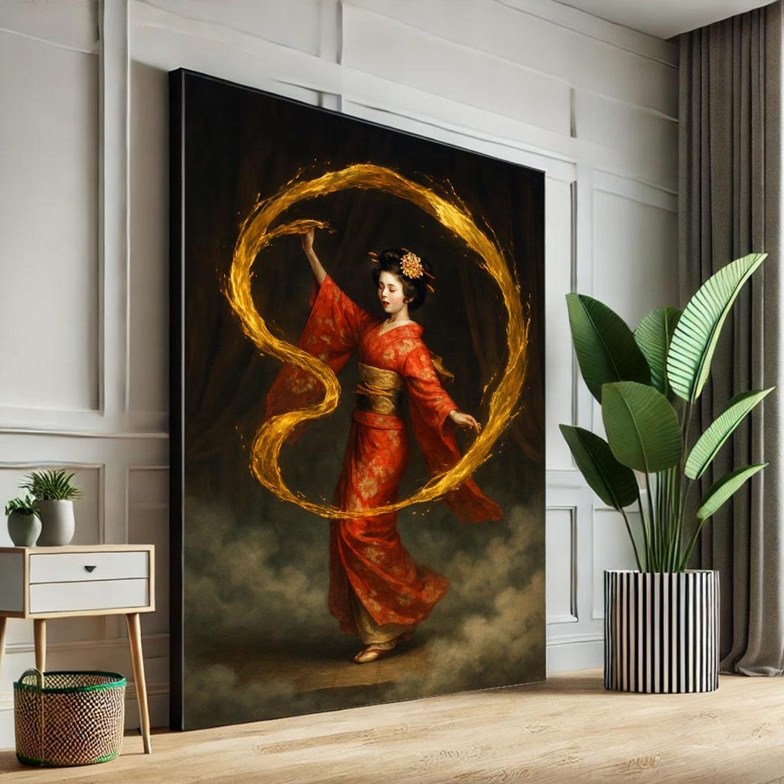 Red Kimono Geisha Fire Dance Golden Light Swirl Dramatic Art Poster