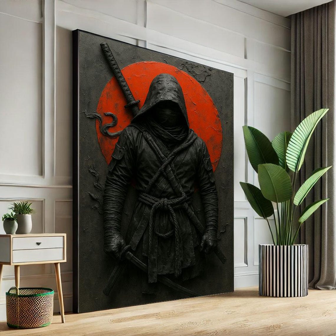 Mysterious Hooded Ninja Warrior Against Red Sun Katana Poster