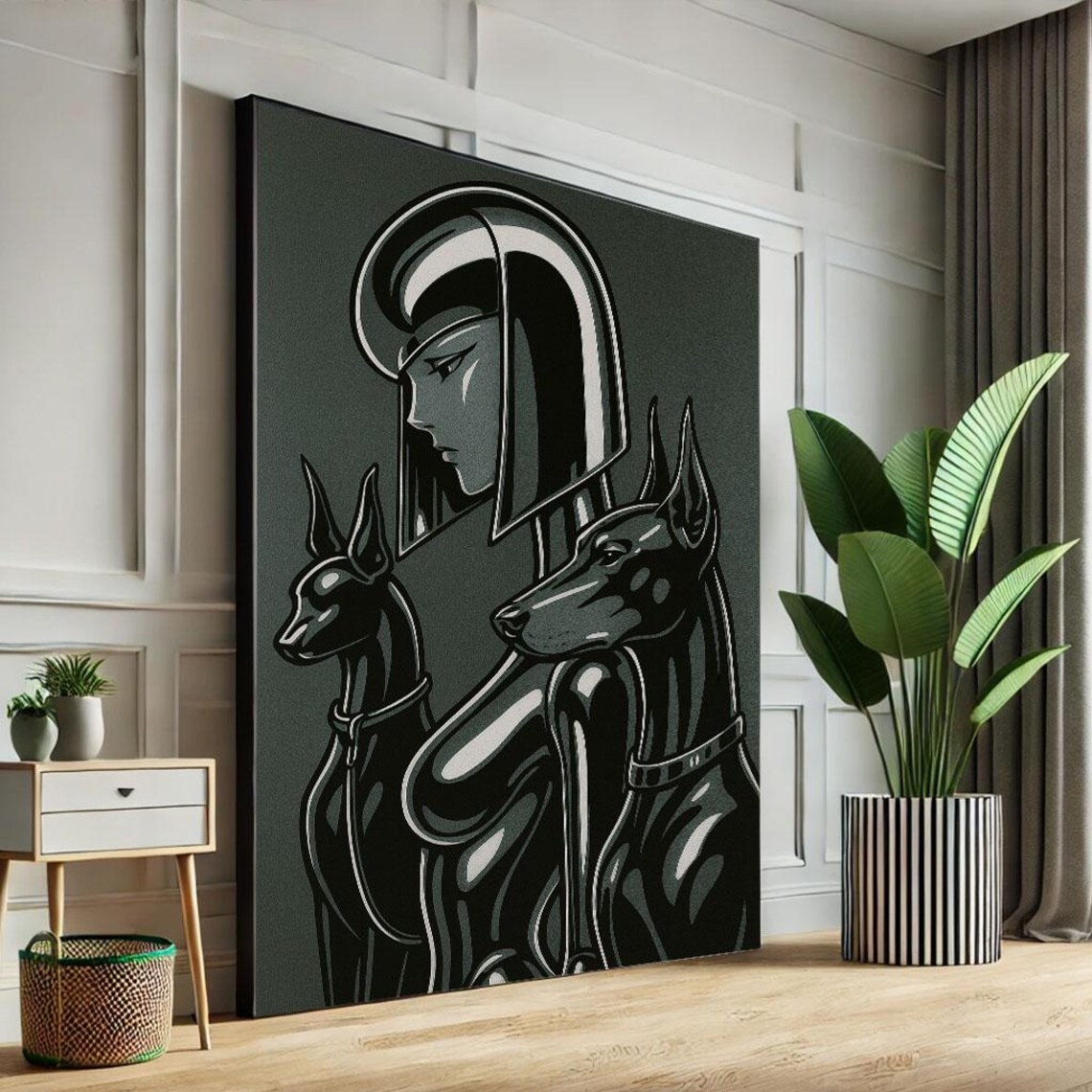 Monochrome Egyptian Goddess With Two Jackal Dogs Bold Art Poster