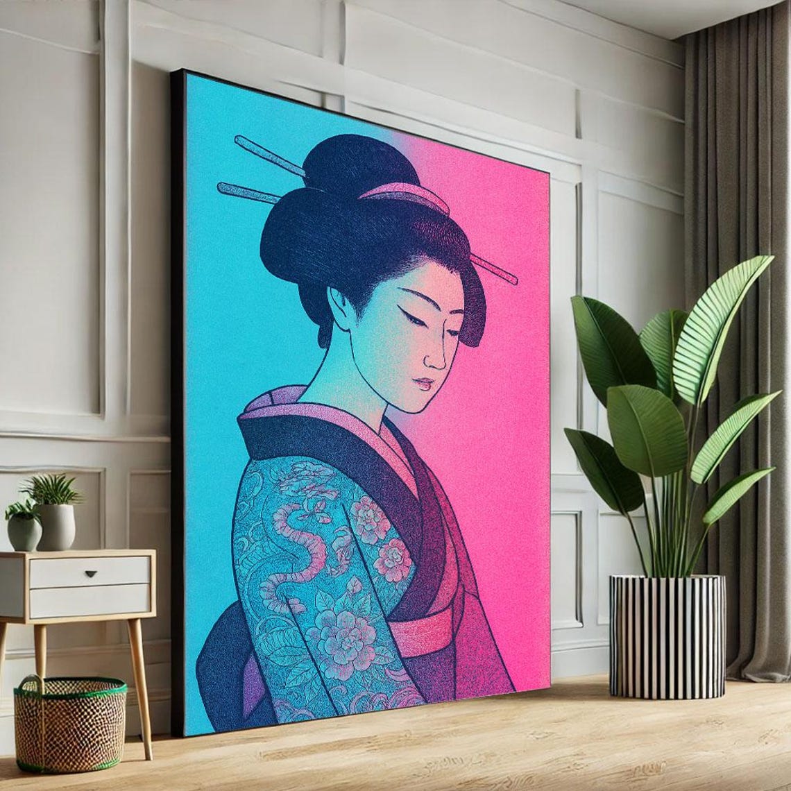 Pop Art Geisha Portrait Neon Pink Blue Floral Tattoo Modern Art Poster