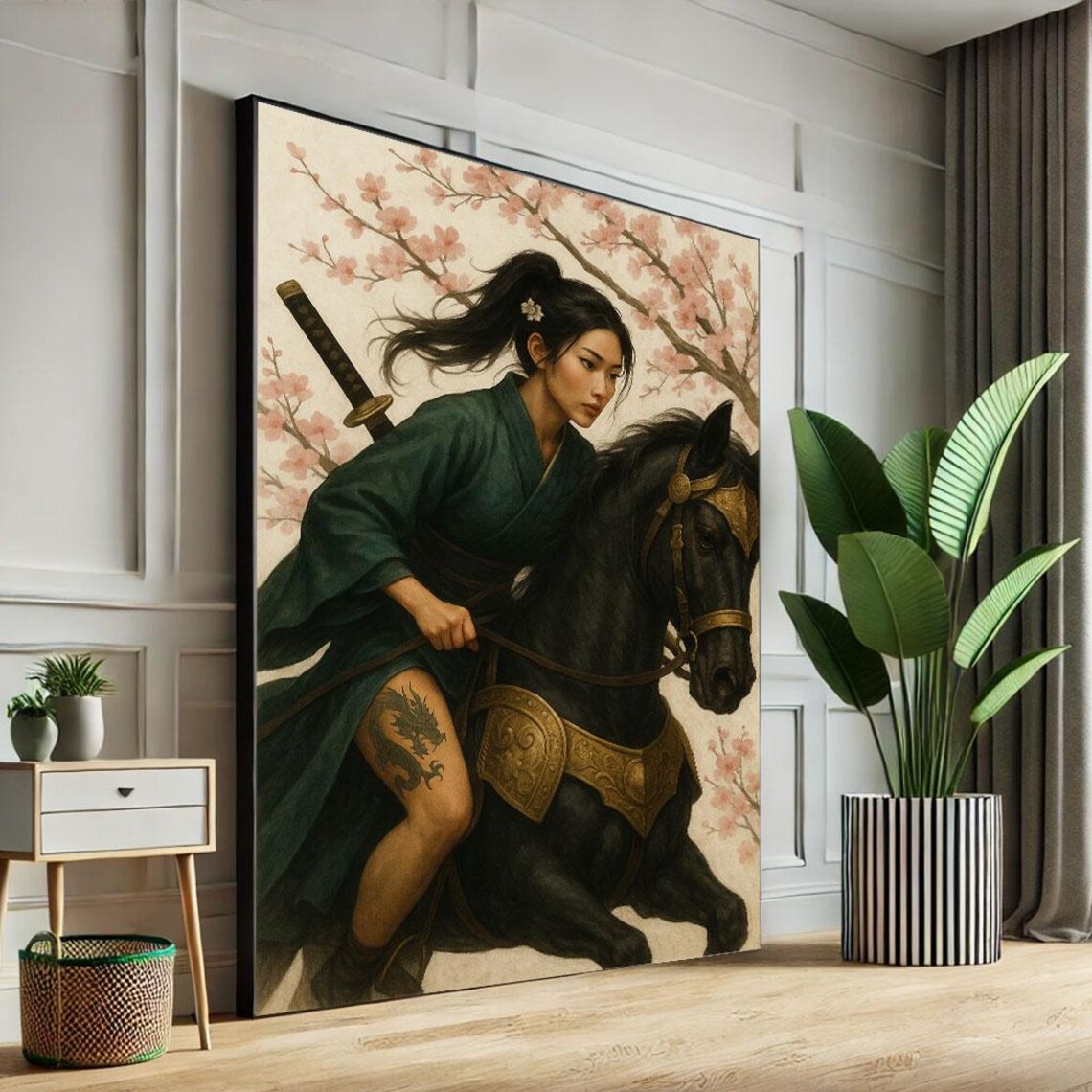 Samurai Woman Riding Black Horse In Green Kimono With Dragon Ink Poster
