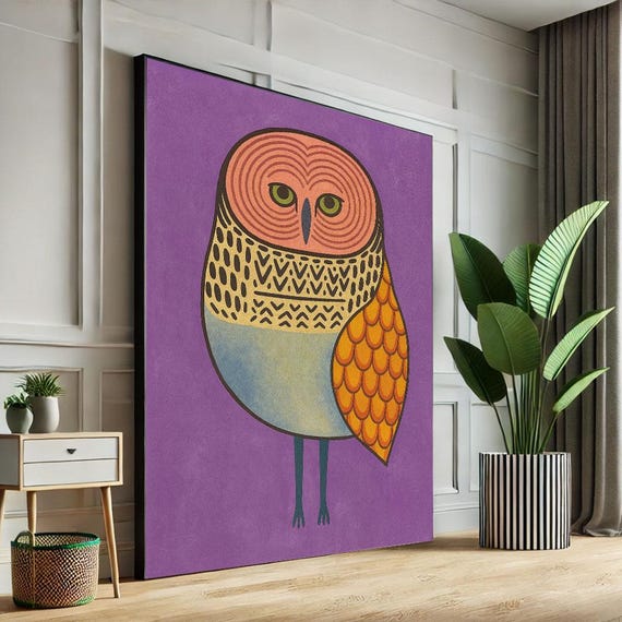 Whimsical Owl Illustration Canvas Wall Art Print Purple And Orange Living Room Decor Statement Piece