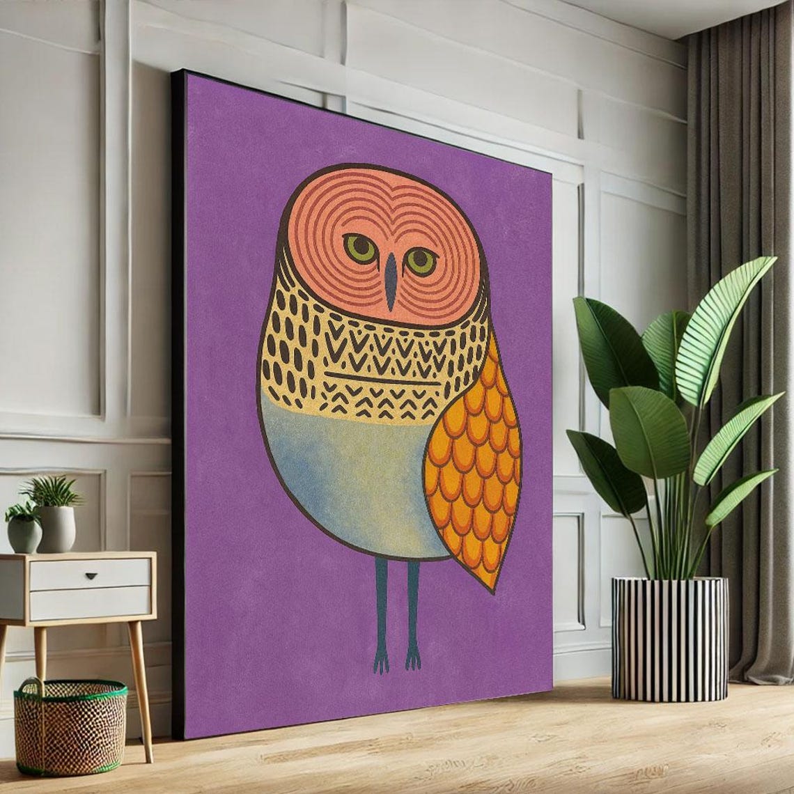 Whimsical Owl Illustration Canvas Wall Art Print Purple And Orange Living Room Decor Statement Piece