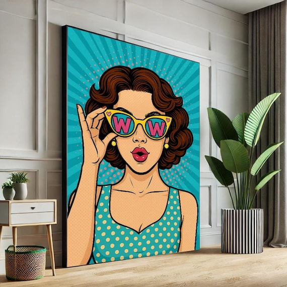 Vintage Pop Art WOW Sunglasses Comic Girl Teal Starburst Poster