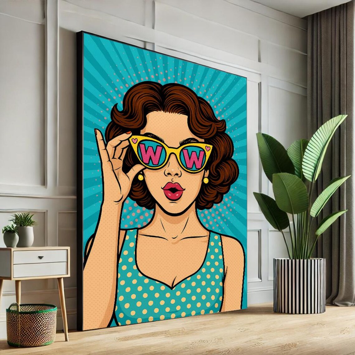 Vintage Pop Art WOW Sunglasses Comic Girl Teal Starburst Poster
