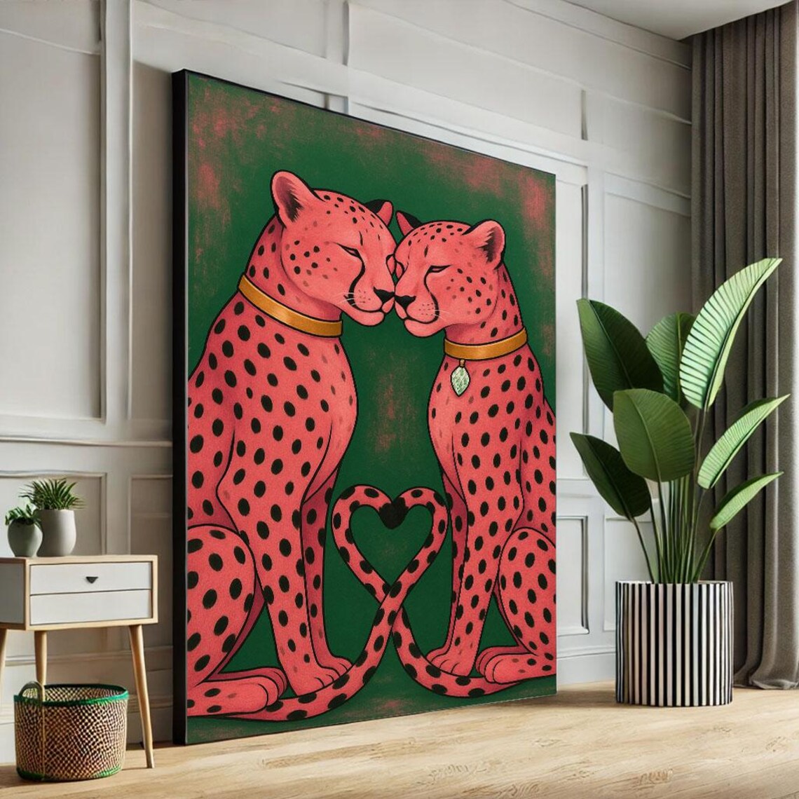 Pink Cheetah Couple Heart Shaped Tails Pop Art Love Animal Art Poster