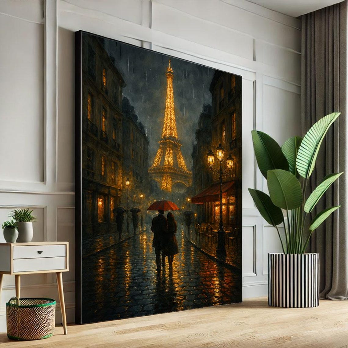 Romantic Paris Night Eiffel Tower Glowing In Rain Red Umbrella Poster