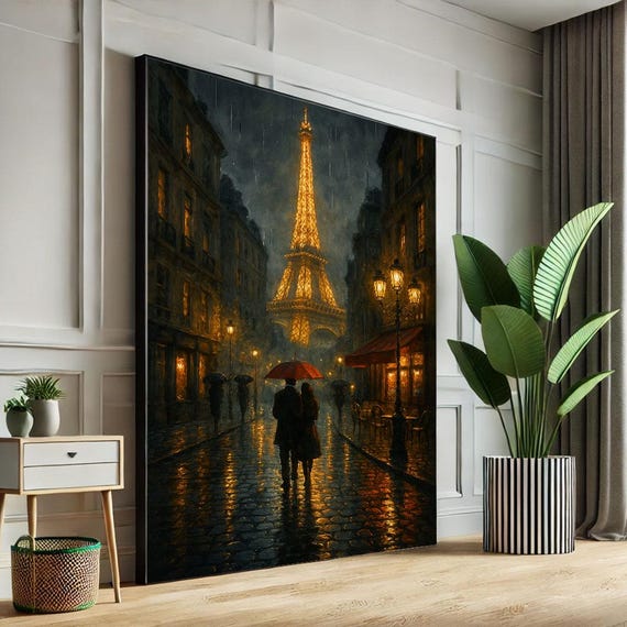 Romantic Eiffel Tower At Night Canvas Wall Art Print Moody Living Room Decor Statement Piece
