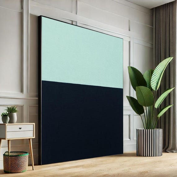 Mark Rothko Inspired Mint And Black Canvas Bold Color Field Painting Reproduction For Modern Living Room Decor