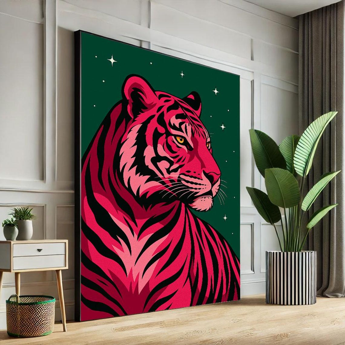 Vibrant Pink Tiger Portrait Canvas Wall Art Print Bold Modern Living Room Decor Statement Piece