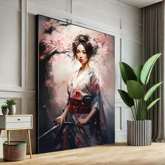 Elegant Samurai Woman Canvas Wall Art Print Japanese Cherry Blossom Living Room Decor Statement Piece