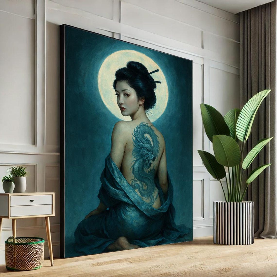 Japanese Geisha Dragon Back Tattoo Under Full Moon Art Poster
