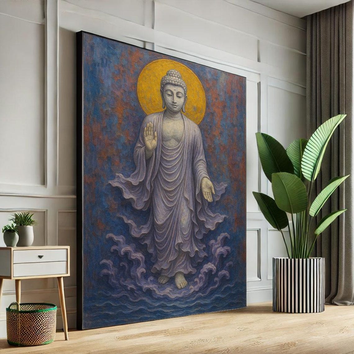 Walking Buddha Over Ocean Waves Gold Halo Enlightenment Wall Poster