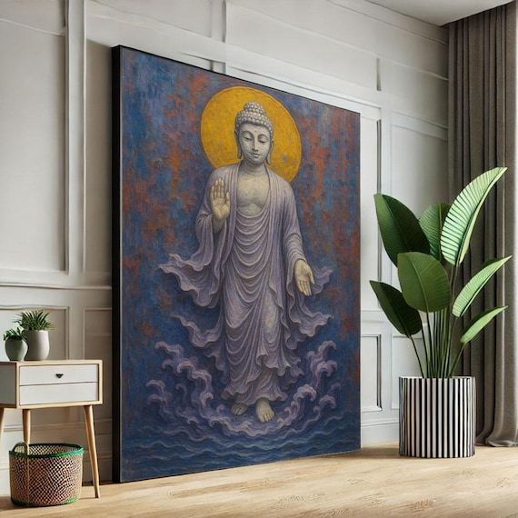 Walking Buddha Over Ocean Waves Gold Halo Enlightenment Wall Poster
