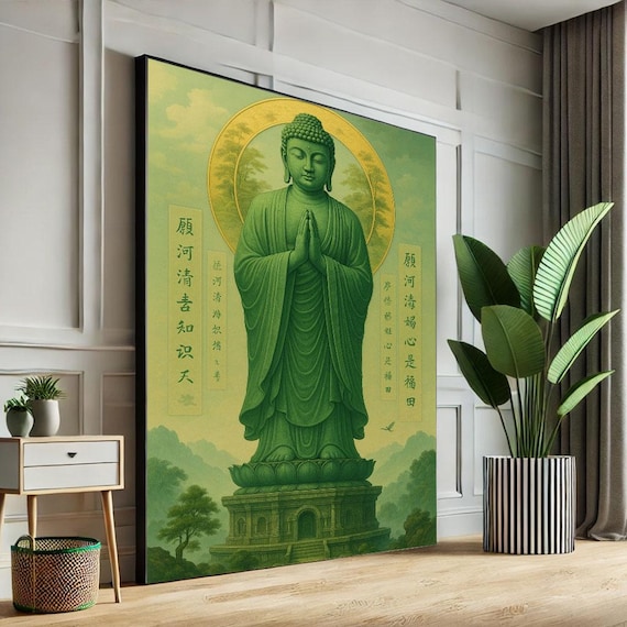 Green Standing Buddha Prayer Hands Gold Halo Asian Calligraphy Wall Poster
