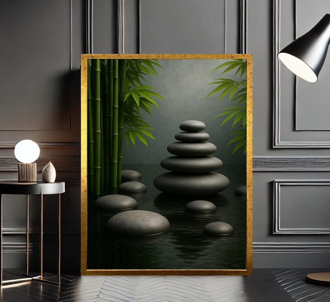 Zen Balancing Stones Bamboo Dark Water Gold Frame Art Poster