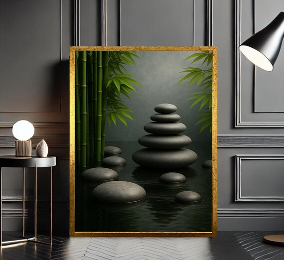 Zen Balancing Stones Bamboo Dark Water Gold Frame Art Poster