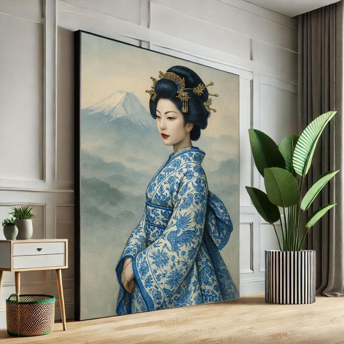 Geisha Blue Porcelain Kimono Mount Fuji Elegant Japanese Art Poster