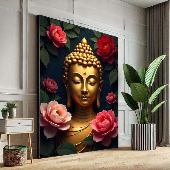 Serene Buddha With Roses Canvas Wall Art Print Modern Spiritual Living Room Decor Statement Piece