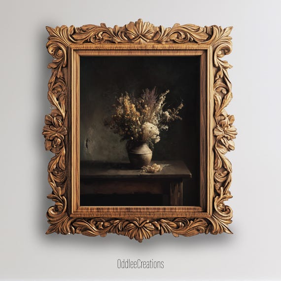 Flower Art Vintage Oil Painting Dried Floral Still Life Wall Decor Moody Vase Artwork Antique Style Flw90