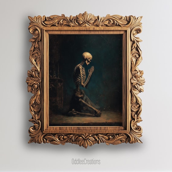 Skeleton Prayer Art Dark Academia Gothic Wall Decor Moody Painting Home Office Prt123