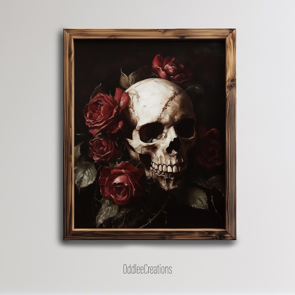 Skeleton Skull and Roses, Gothic Floral Art Print