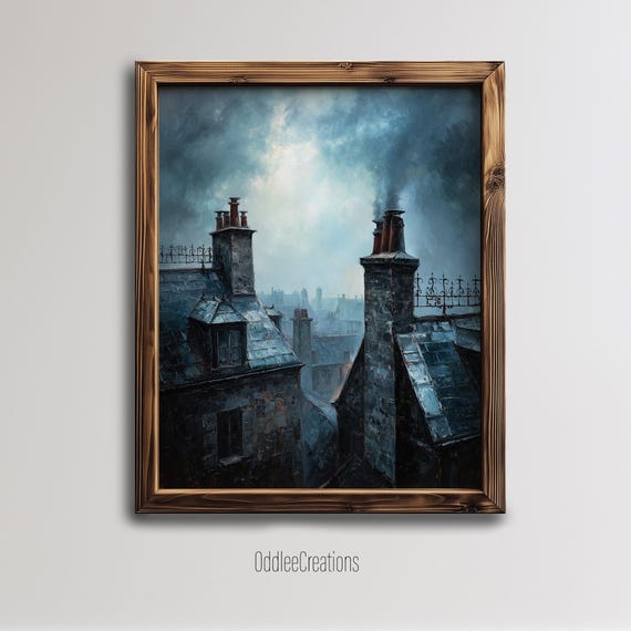 Dark Academia Victorian Rooftops Stormy Sky Wall Art Moody Architecture Painting Gothic Decor For Office Study Sce186