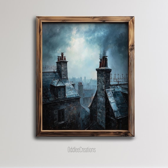 Victorian Rooftops Smoking Chimneys Stormy Sky Gothic Art Poster