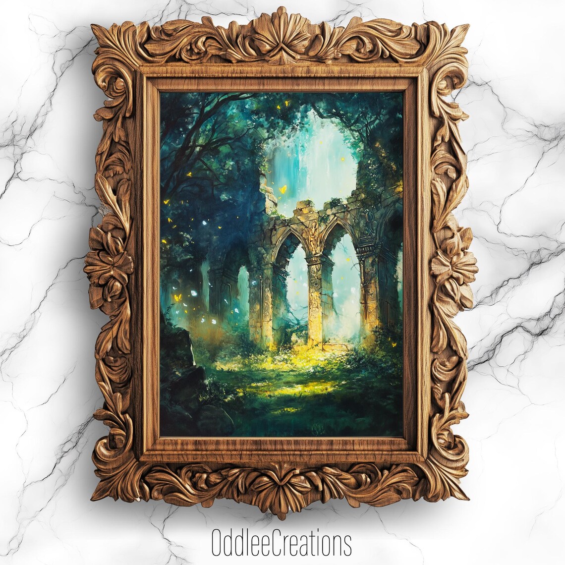 Enchanted Forest Ruins Fairy Lights Teal Dark Fantasy Art Poster