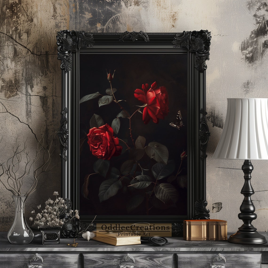 Red Roses Dark Background Classic Floral Still Life Art Poster - Image 2