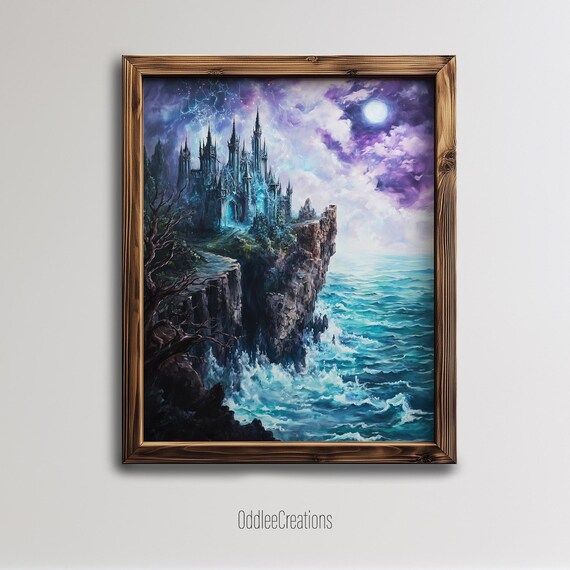 Enchanted Castle Wall Art Dark Fantasy Cliffside Whimsigoth Gothic Oil Painting Ocean Magic Sce142
