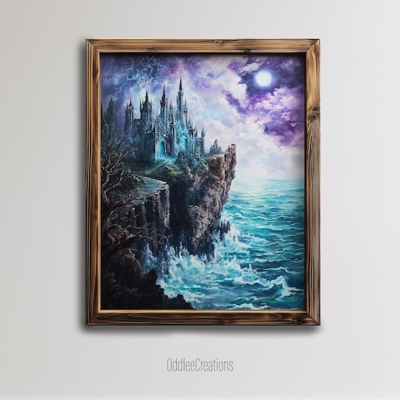 Enchanted Dark Fantasy Castle Above a Moonlit Ocean Cliff Poster