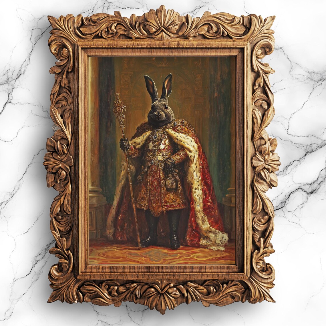 Fantasy King With Rabbit Royal Portrait Surreal Animal Art Whimsical Wall Decor For Creative Home Prt20