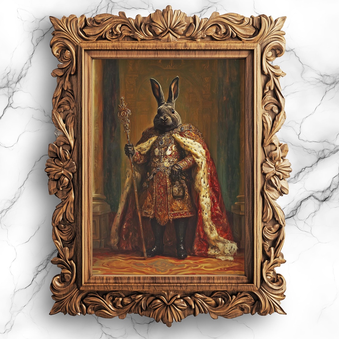 Royal Rabbit King Portrait Ornate Robes Surreal Animal Art Poster