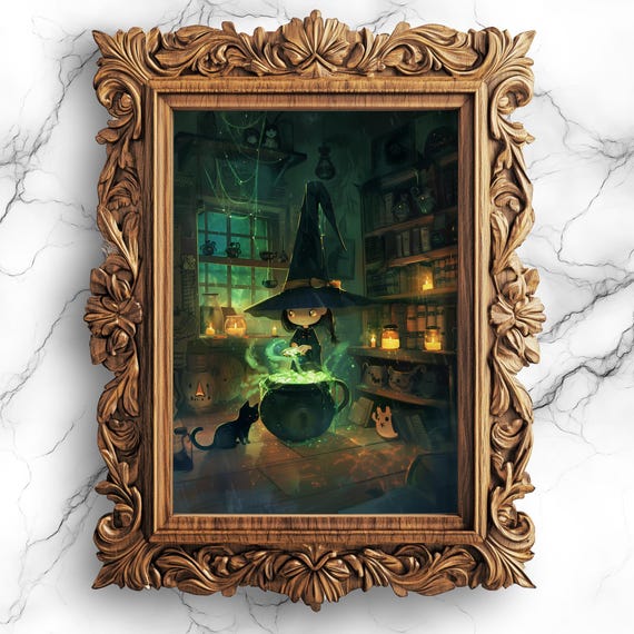 Adorable Witch Brewing Potions Oil Painting Witchy Wall Art Halloween Decor Home Wit1
