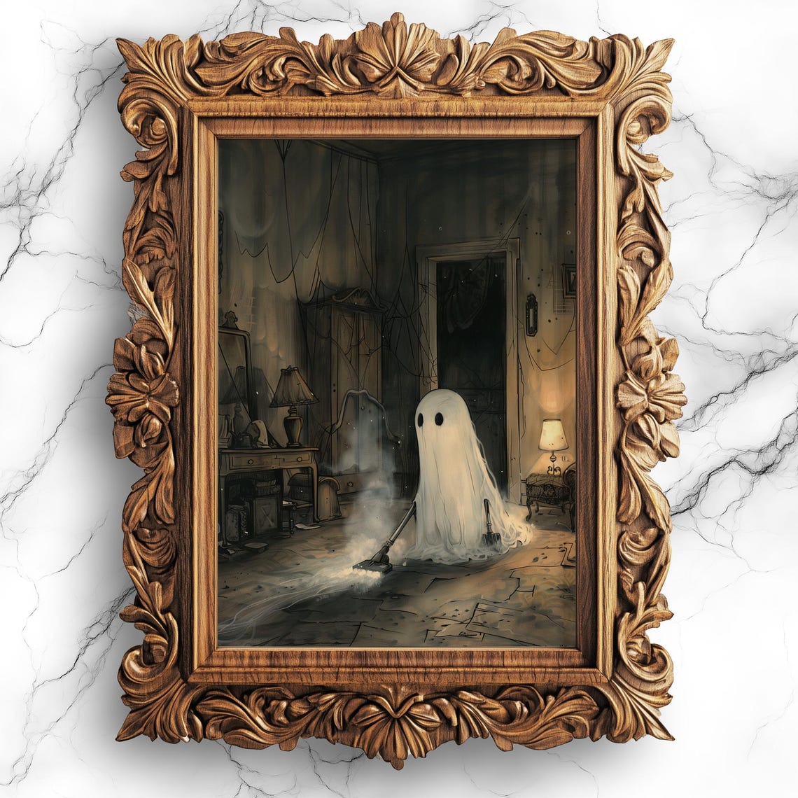 Spooky Cute Vacuuming Oil Painting Halloween Home Decor Art Print Whimsical Wall Bbg10