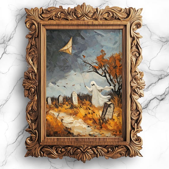 Flying Kite In Graveyard Wall Art Spooky Eerie Haunted Decor Creepy Scene For Halloween Bbg26