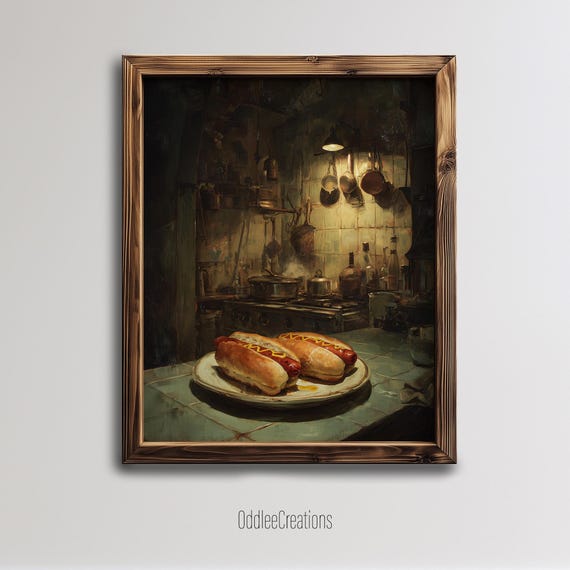 Hot Dogs Spooky Kitchen Wall Print Creepy Oil Painting Horror Food Art For Disturbing Gothic Home Fod73