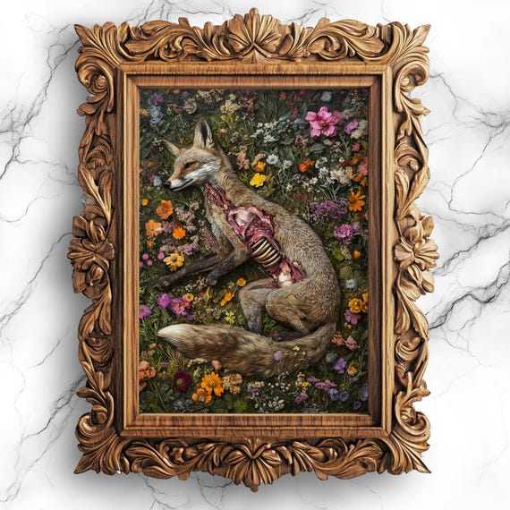 Gothic Decomposing Fox Art Print Surreal On Flowers Poster Dark Home Decor Unique Creepy Painting For Living Room Ani19