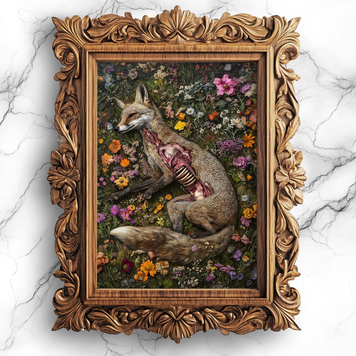 Decomposing Fox Among Wildflowers Surreal Gothic Anatomy Wall Poster