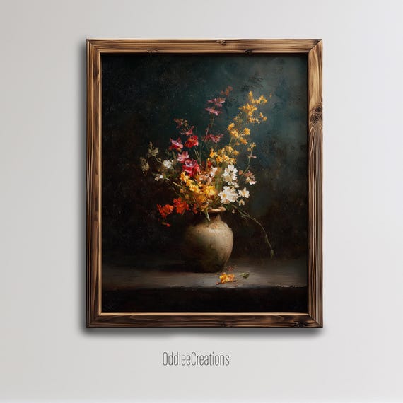 Wildflowers Vintage Oil Painting Wall Art Dark Moody Floral Still Life In Vase Antique Style Rustic Home Decor Flw100