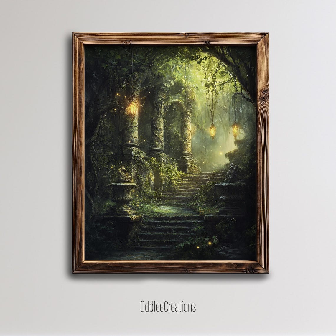 Magical Forest Path Glowing Lanterns Ancient Ruins Wall Print