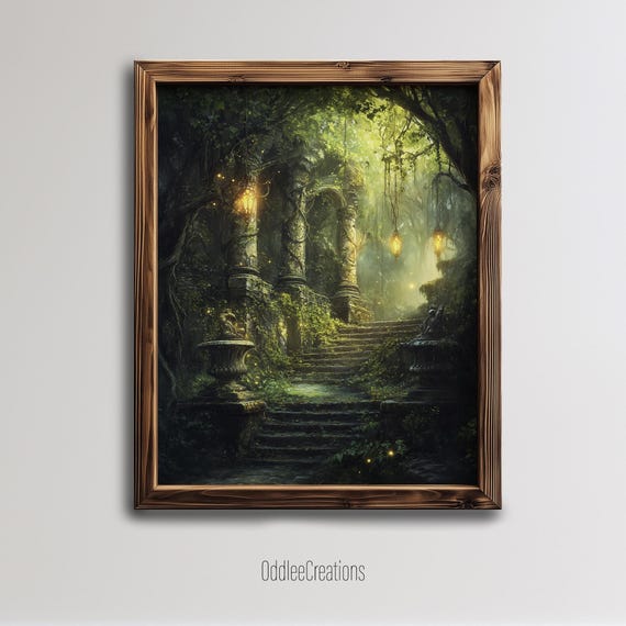 Magical Forest Path Art With Glowing Vines Ancient Ruins Fantasy Nature Oil Painting Wall Decor Piece Sce152