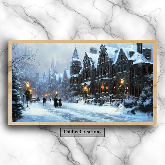 Victorian Christmas Snowy Street Vintage Oil Painting Art Poster