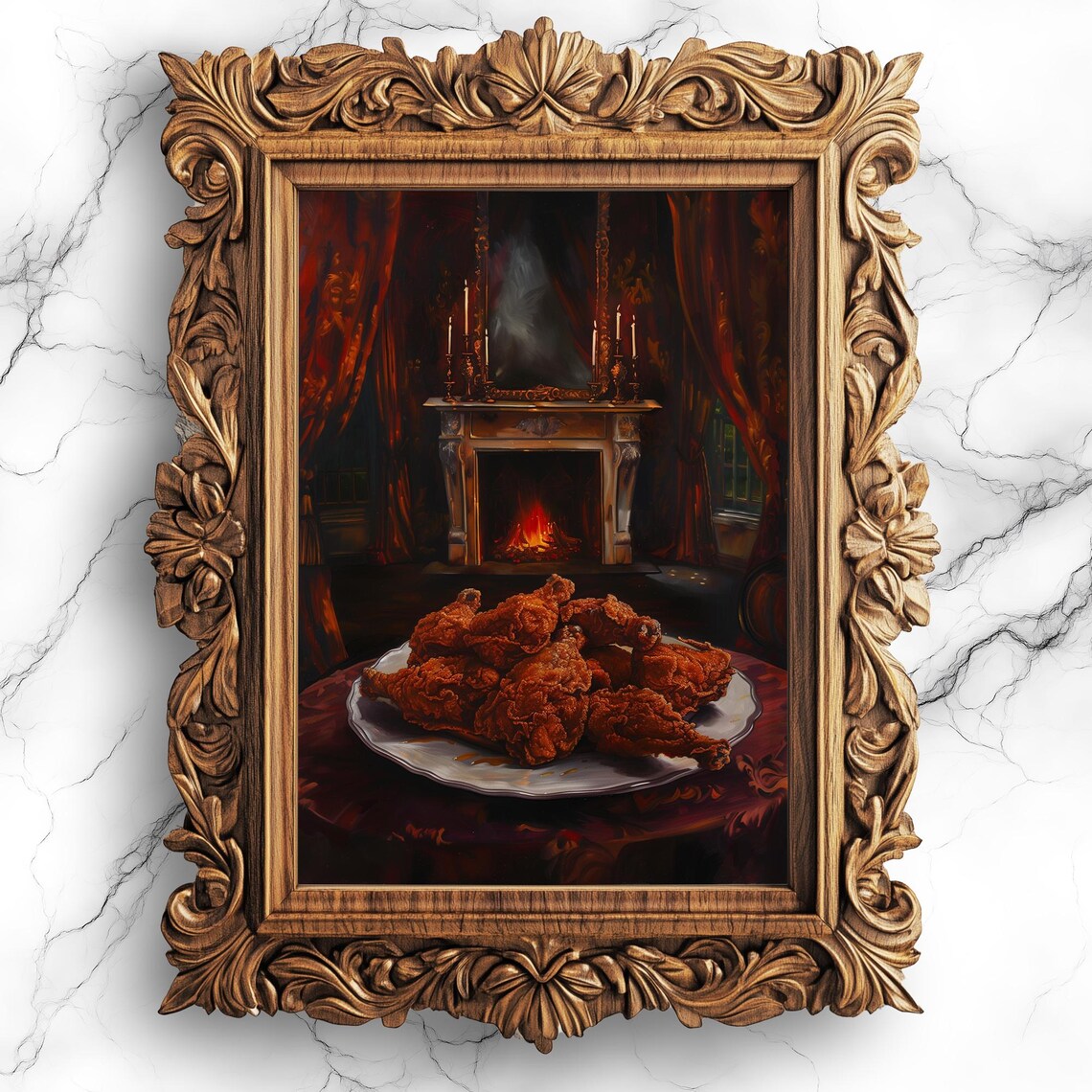 Fried Chicken Plate Oil Painting Fireplace Comfort Food Art Poster