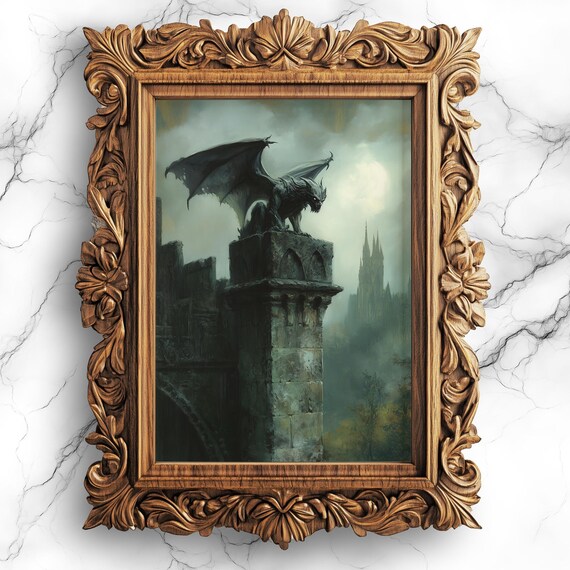 Gothic Gargoyle Art Print, Dark Castle Landscape