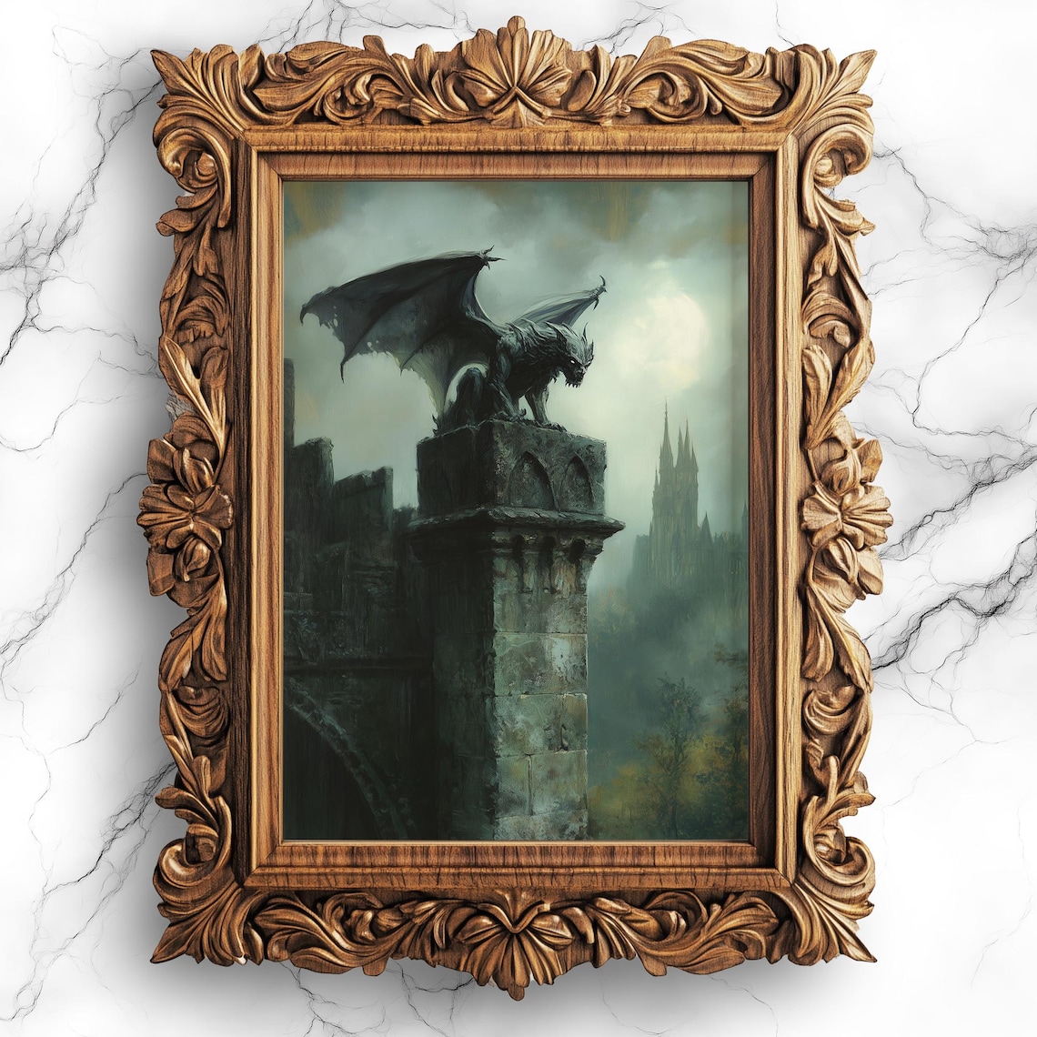 Gothic Gargoyle Art Print, Dark Castle Landscape