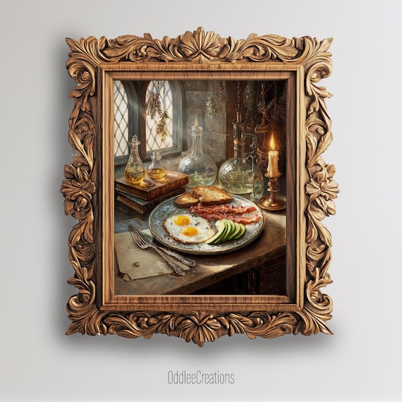 Witch Breakfast Kitchen Art Dark Academia Oil Painting With Eggs Bacon Toast Avocado Vintage Gothic Wall Decor Fod91