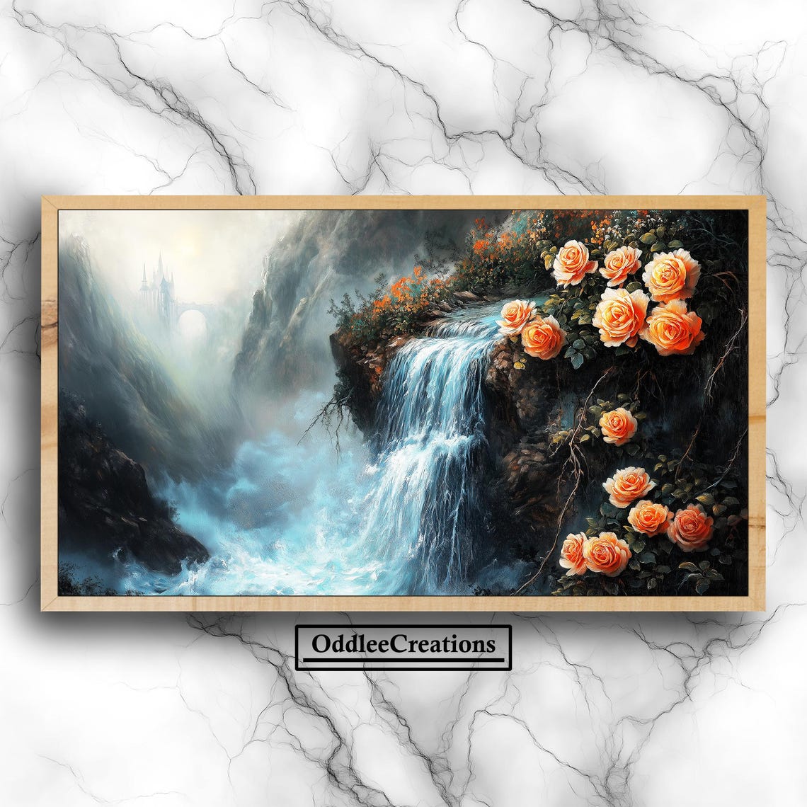Misty Cliff Waterfall with Peach Roses and Distant Castle Art Poster