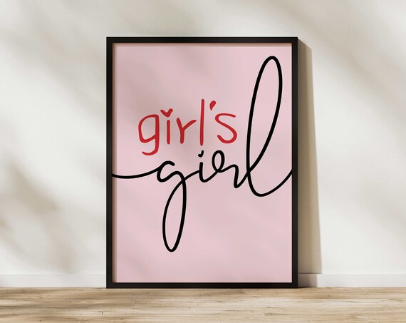 A Girls Girl Preppy Print Red Pink Black Girly Sign Poster Typography Trendy Retro Wall Art Text Only Quote Simple Type Decor